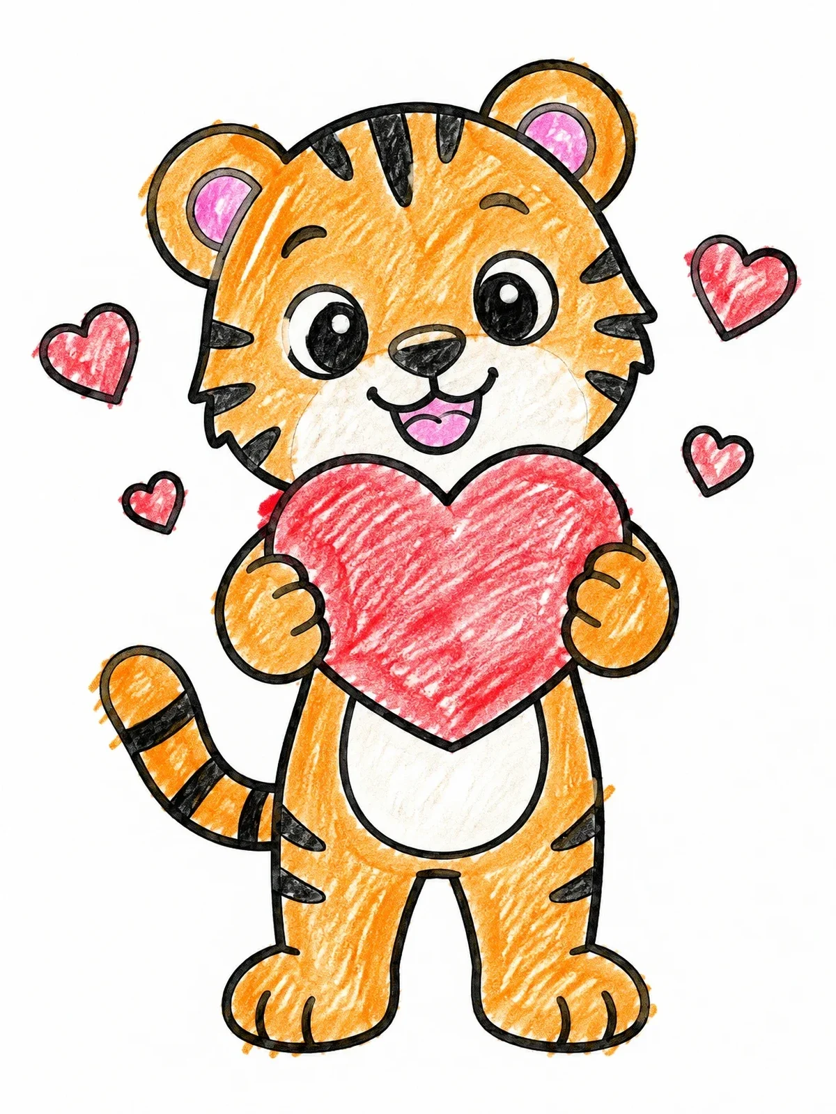 Colored example of the Cute Tiger Holding A Valentine Heart coloring page