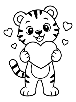 A cheerful cartoon tiger coloring page holding a big heart surrounded by small floating hearts.