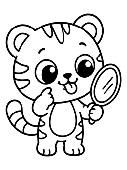 A silly tiger coloring page showing a cub sticking its tongue out at a hand mirror.