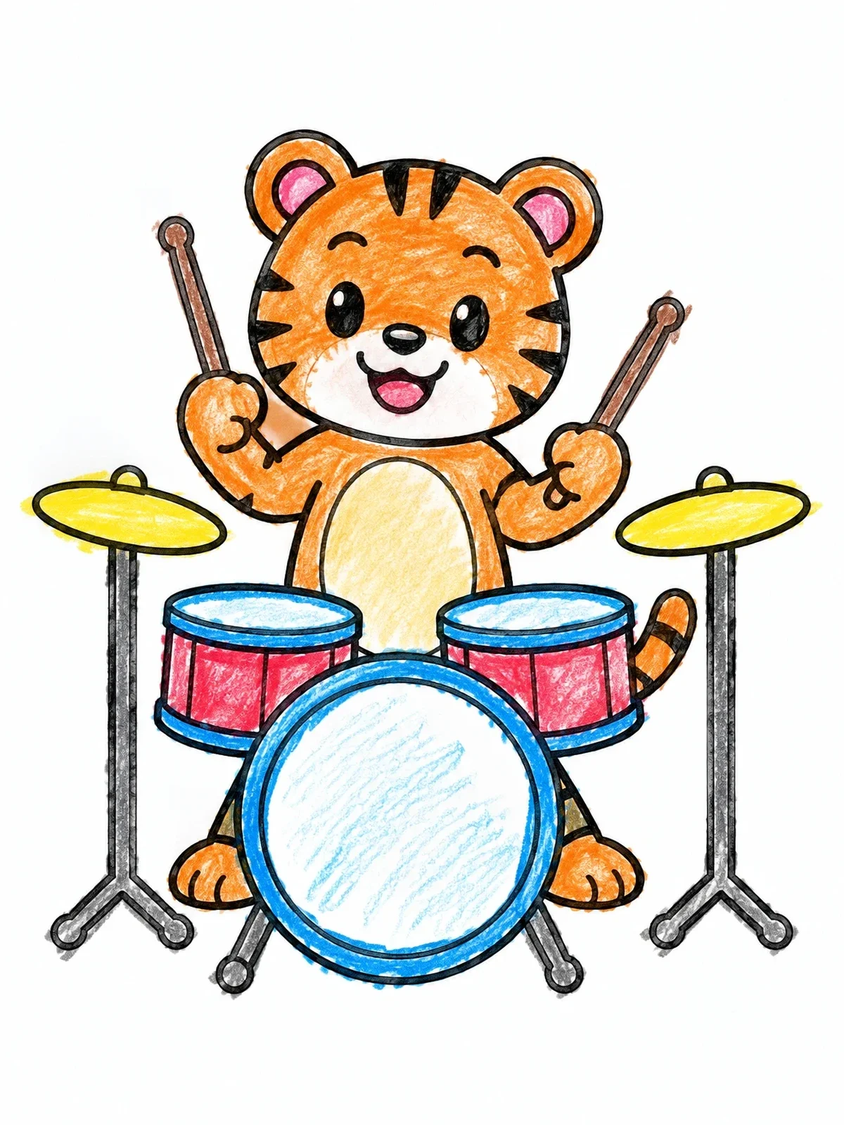 Colored example of the Cute Tiger Playing The Drums coloring page