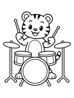 A cheerful cartoon tiger coloring page showing the cub playing a complete drum kit.