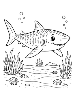 A friendly shark coloring page featuring a striped tiger shark above sandy ground and shells.