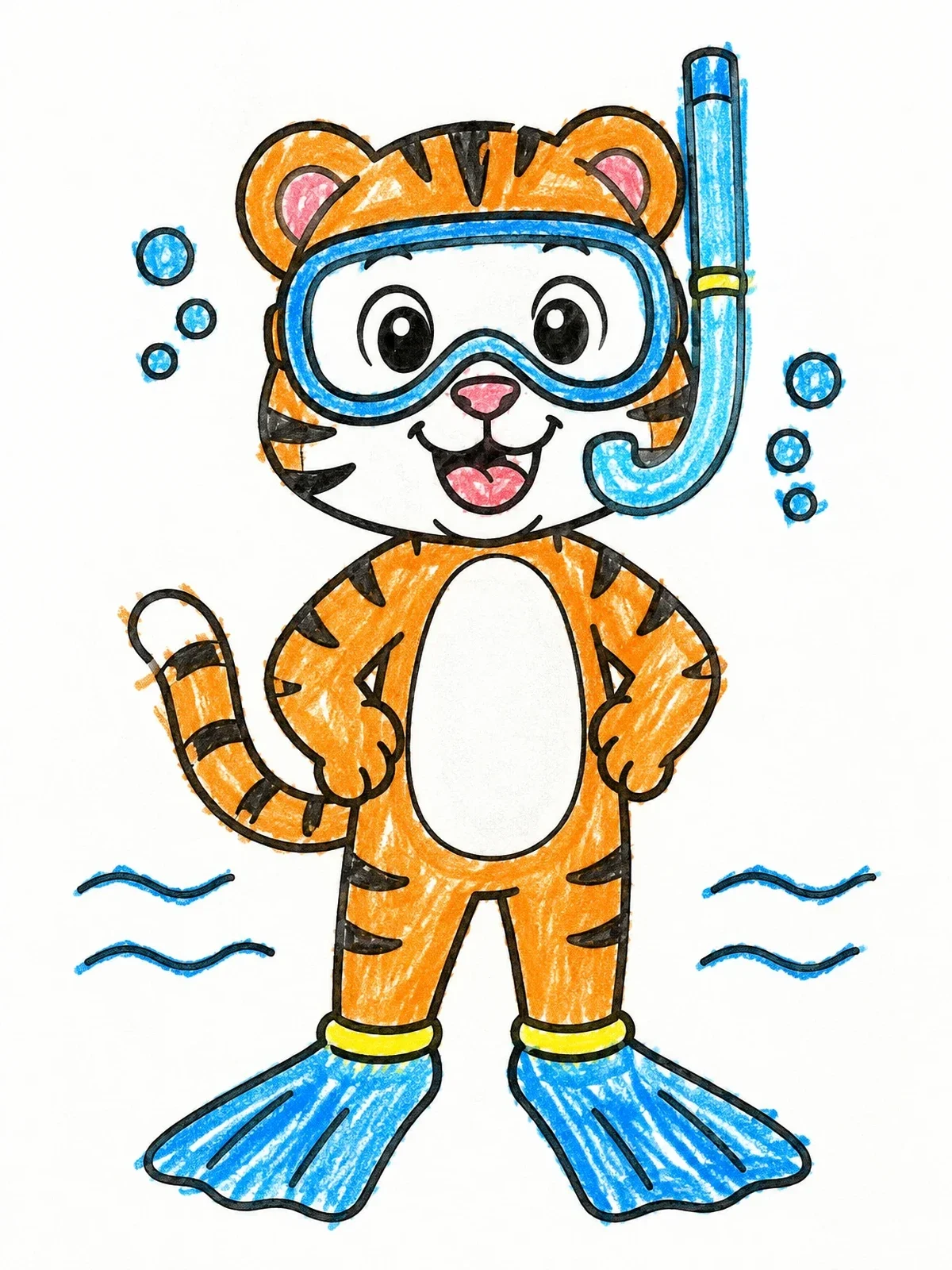 Colored example of the Cute Tiger With Snorkel Mask coloring page