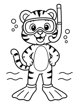 A cheerful tiger coloring page with flippers and a snorkel mask ready for a swim.