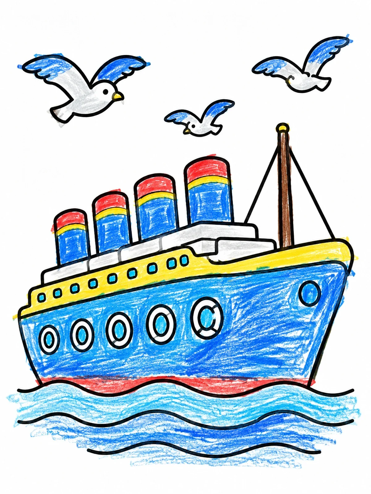 Colored example of the Cute Ocean Liner With Seagulls coloring page