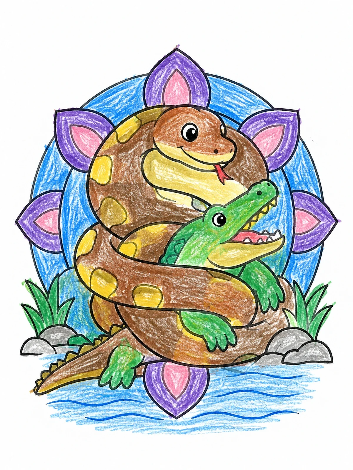 Colored example of the Cute Titanoboa Hugging A Crocodile coloring page