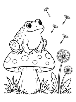 A cheerful toad rests on a spotted mushroom coloring page next to dandelions and floating seeds.