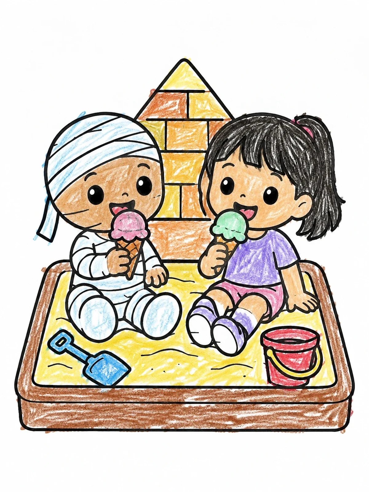 Colored example of the Toddler Mummy And Friend Eating Ice Cream coloring page
