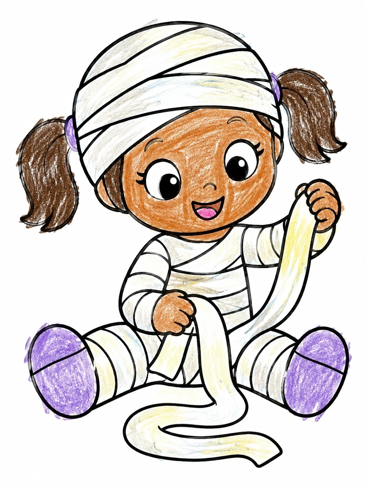 Colored example of the Cute Toddler Mummy Playing With Bandages coloring page