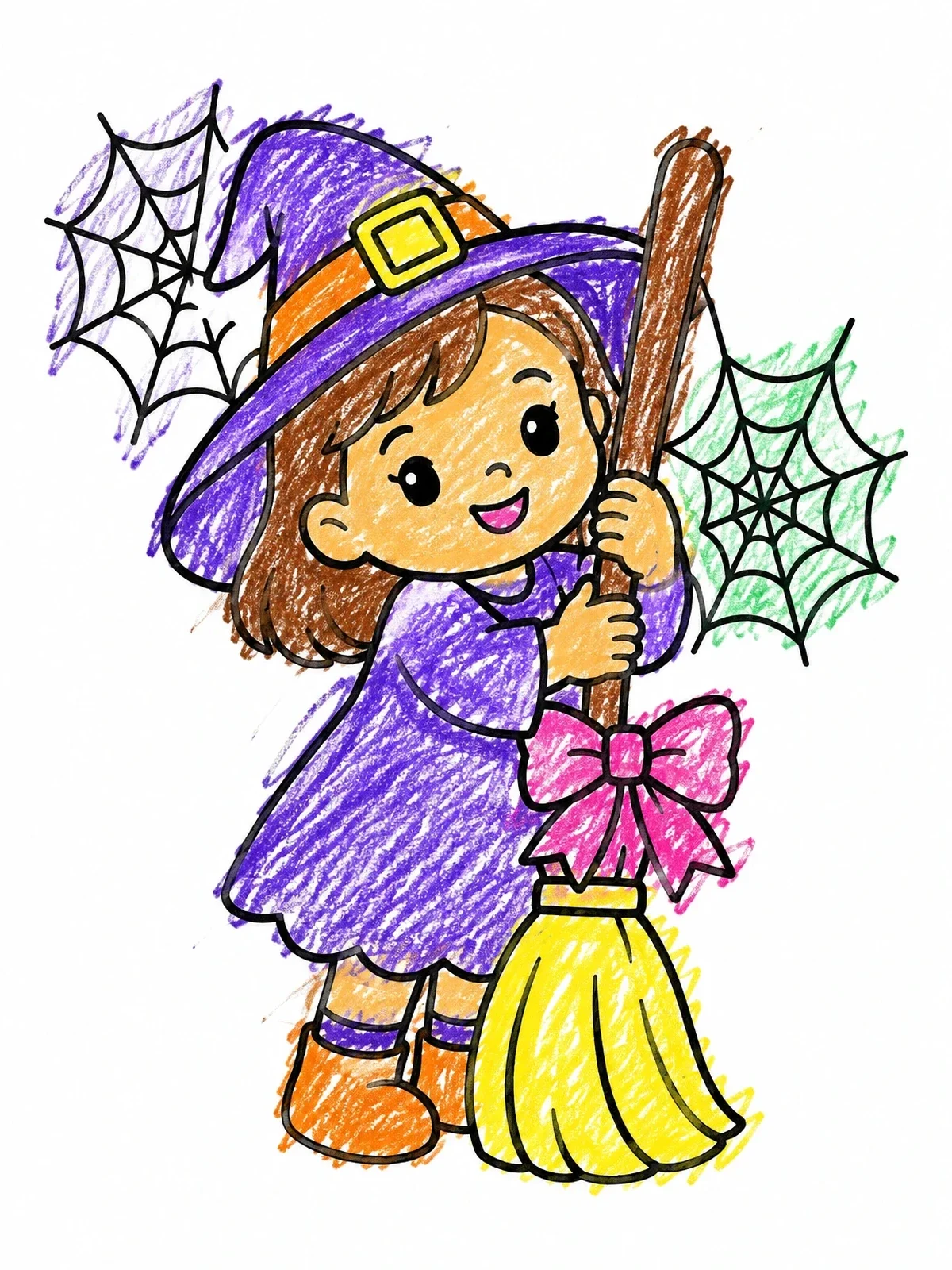 Colored example of the Cute Toddler Witch With Broomstick coloring page