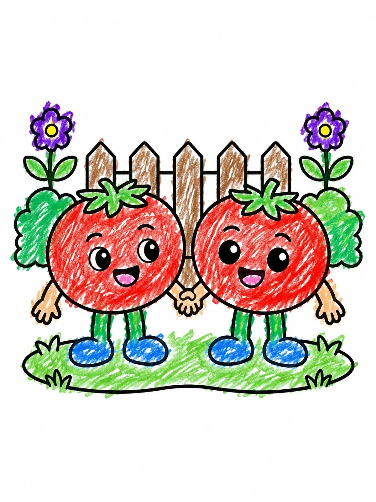 Colored example of the Cute Tomato Friends Holding Hands coloring page