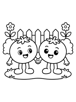 Free printable Cute Tomato Friends Holding Hands coloring page