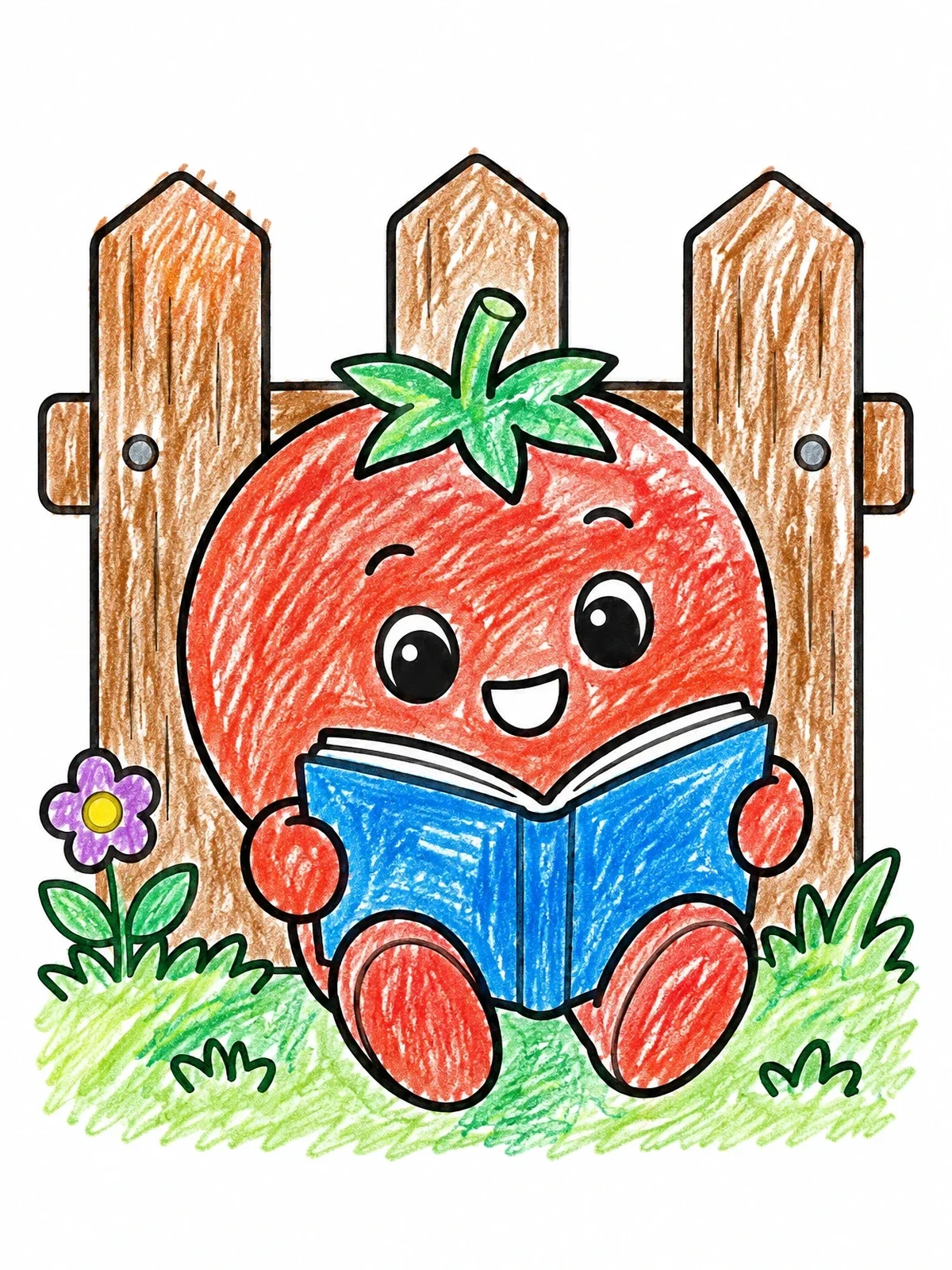 Colored example of the Cute Tomato Reading By The Fence coloring page