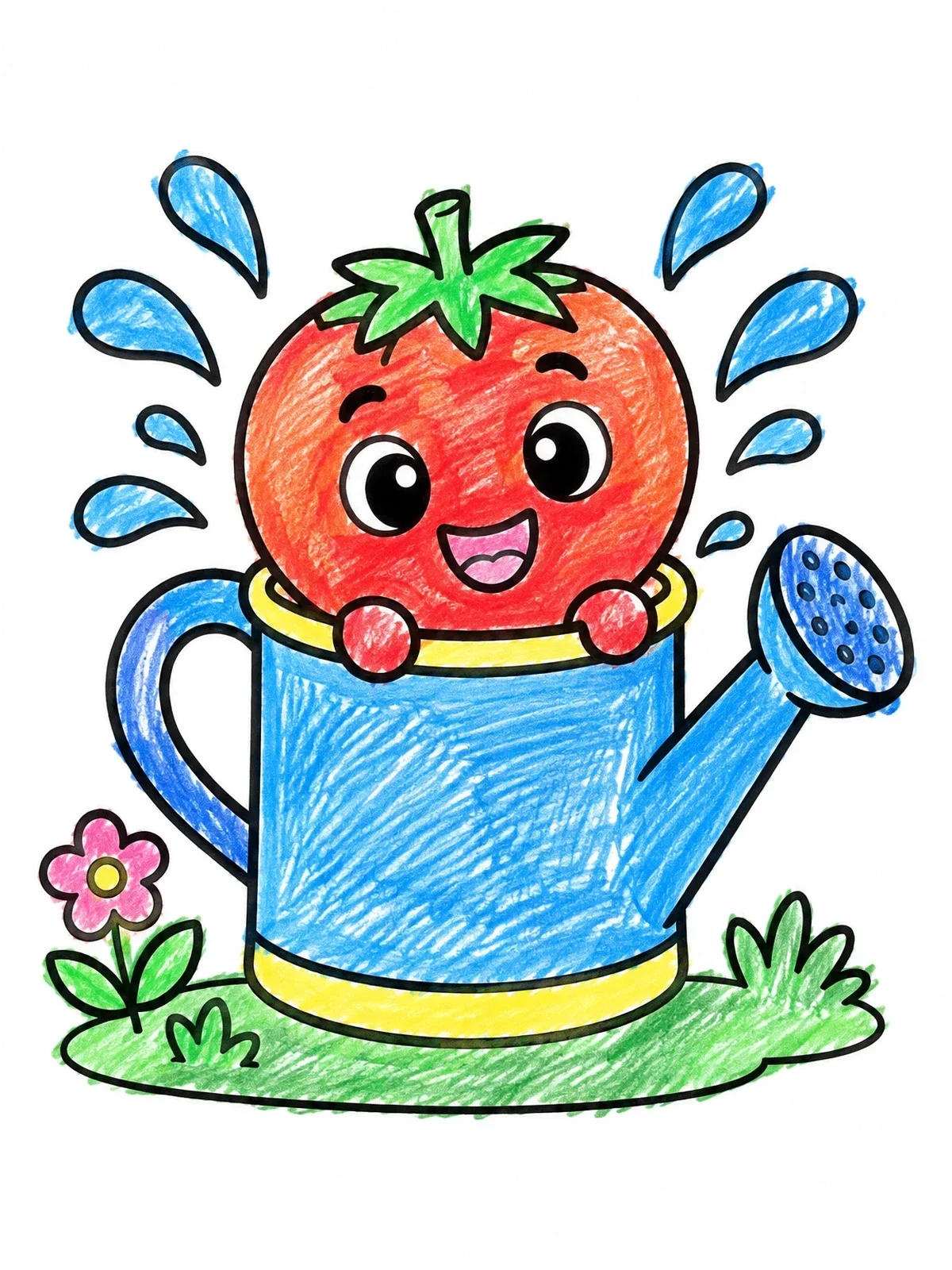 Colored example of the Cute Tomato In Watering Can coloring page