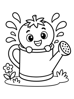 A happy tomato coloring page featuring a smiling character splashing inside a watering can.