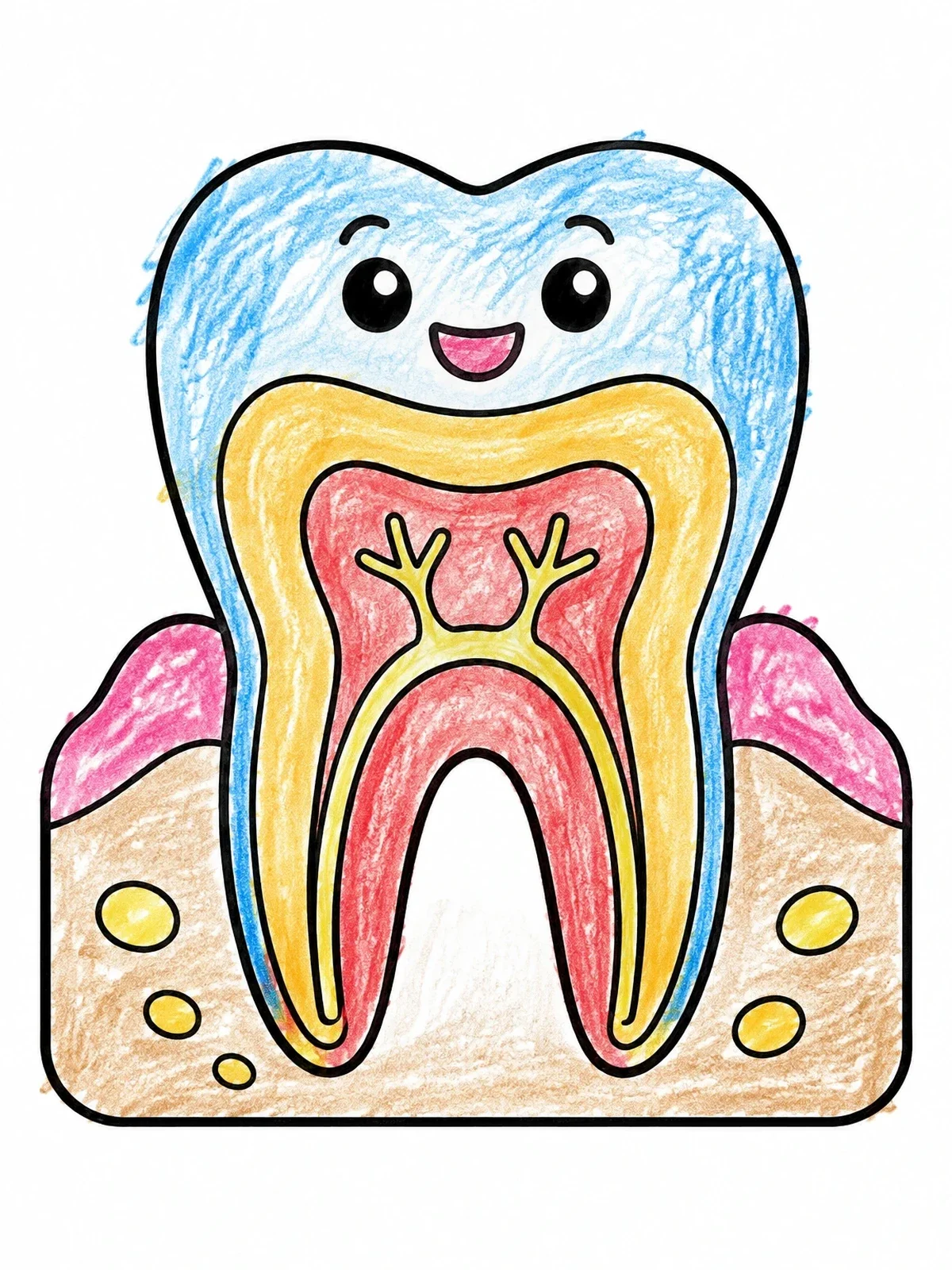 Colored example of the Cute Tooth Anatomy Cross Section coloring page