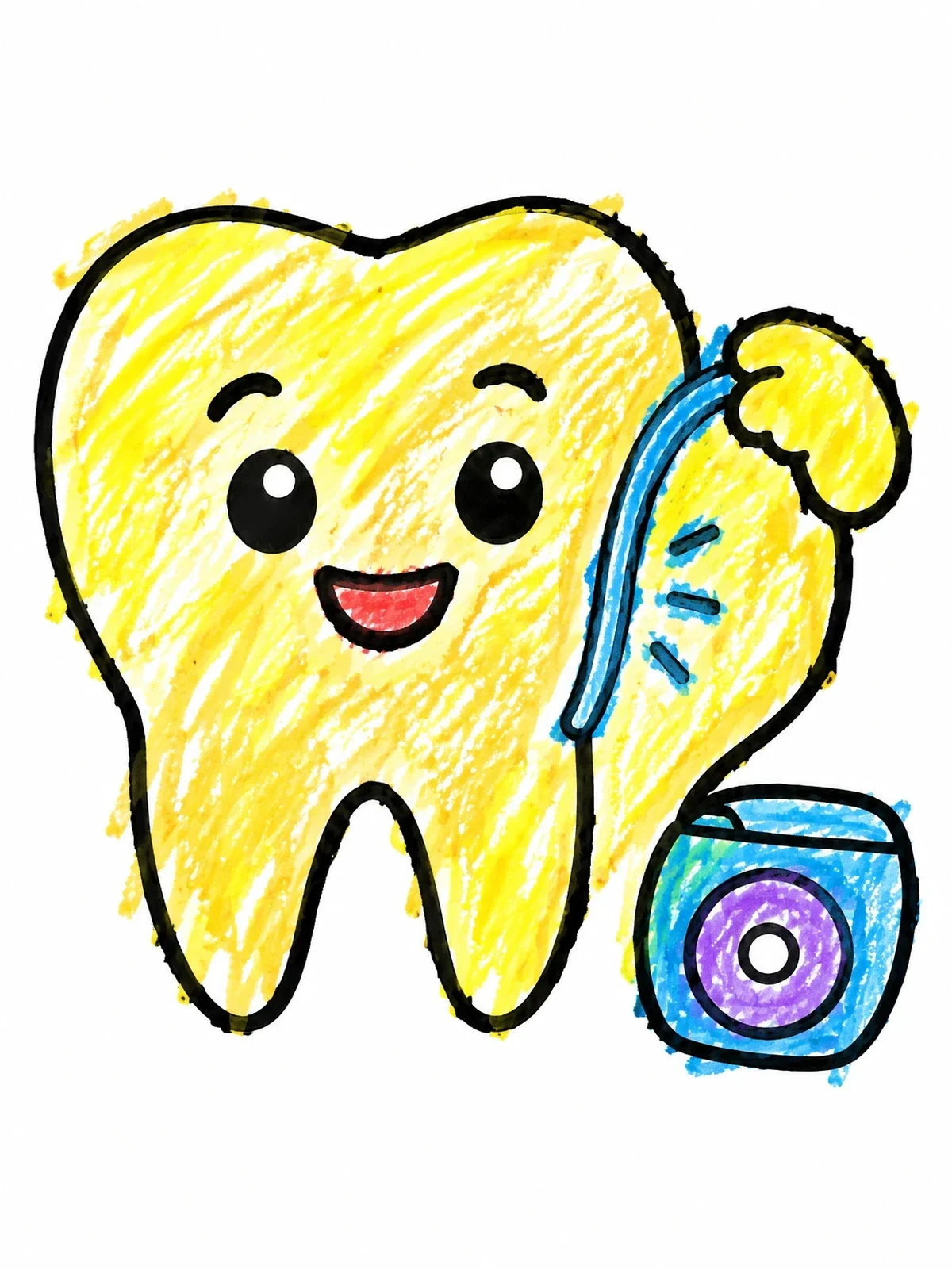 Colored example of the Cute Tooth Cleaning With Dental Floss coloring page