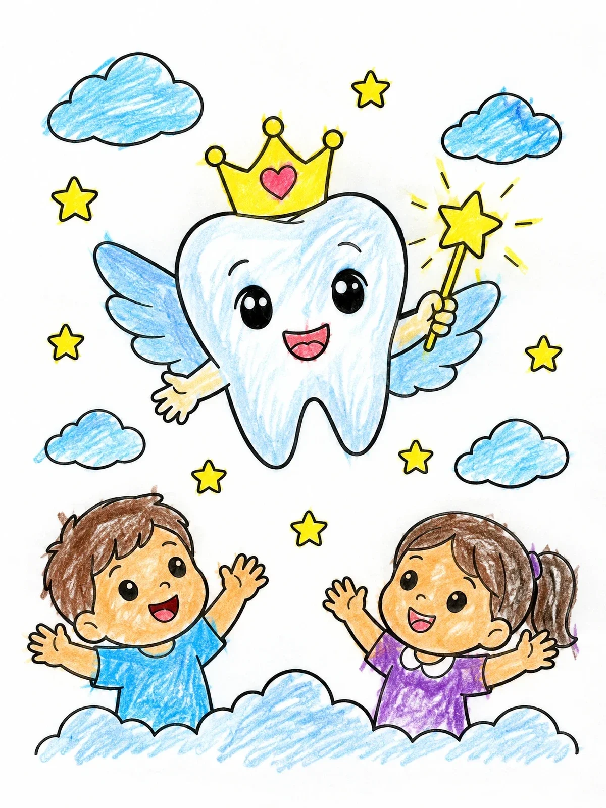 Colored example of the Cute Tooth Fairy With Cheerful Children coloring page