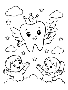 Free printable Cute Tooth Fairy With Cheerful Children coloring page