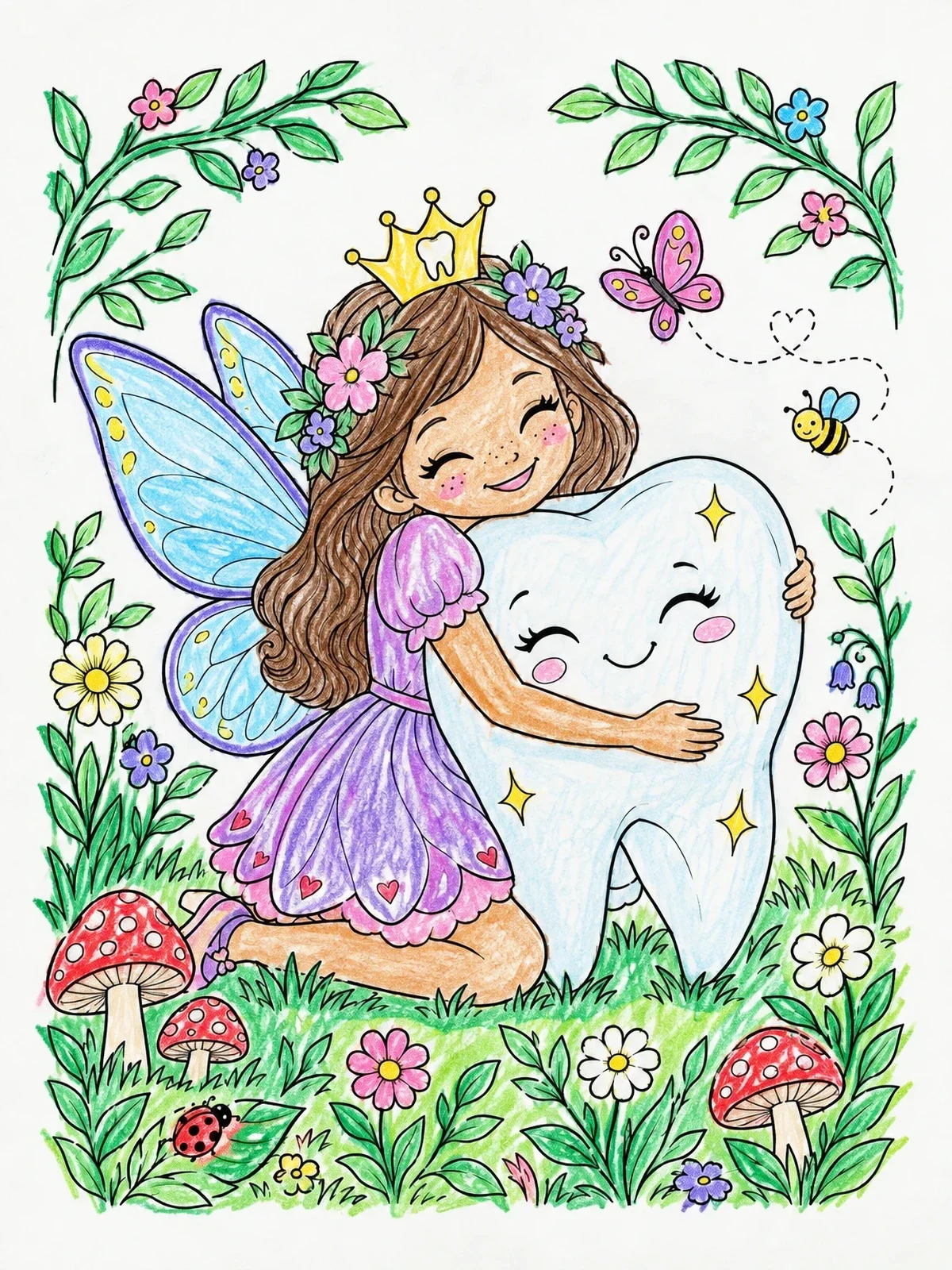 Colored example of the Cute Tooth Fairy Hugging Big Tooth coloring page