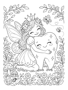 A sweet tooth fairy coloring page showing a little fairy hugging a smiling tooth in a meadow.