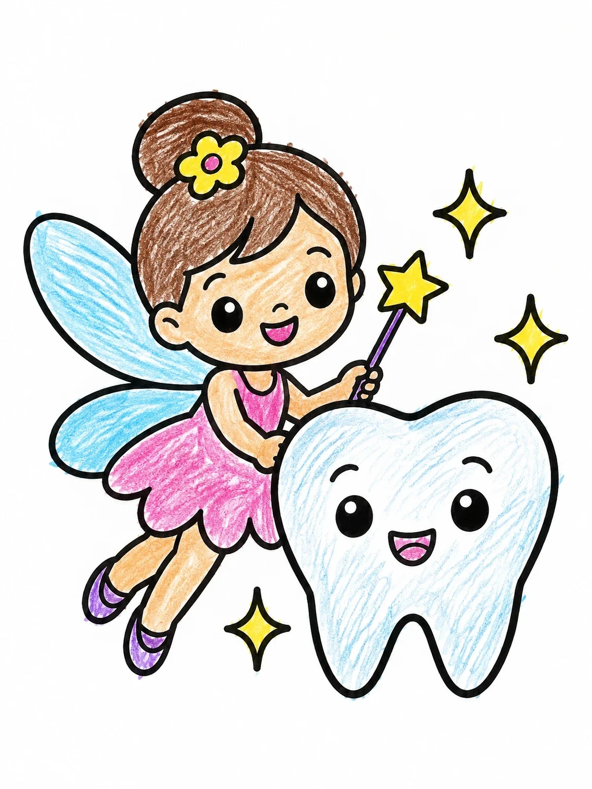 Colored example of the Cute Tooth Fairy With Magic Wand coloring page