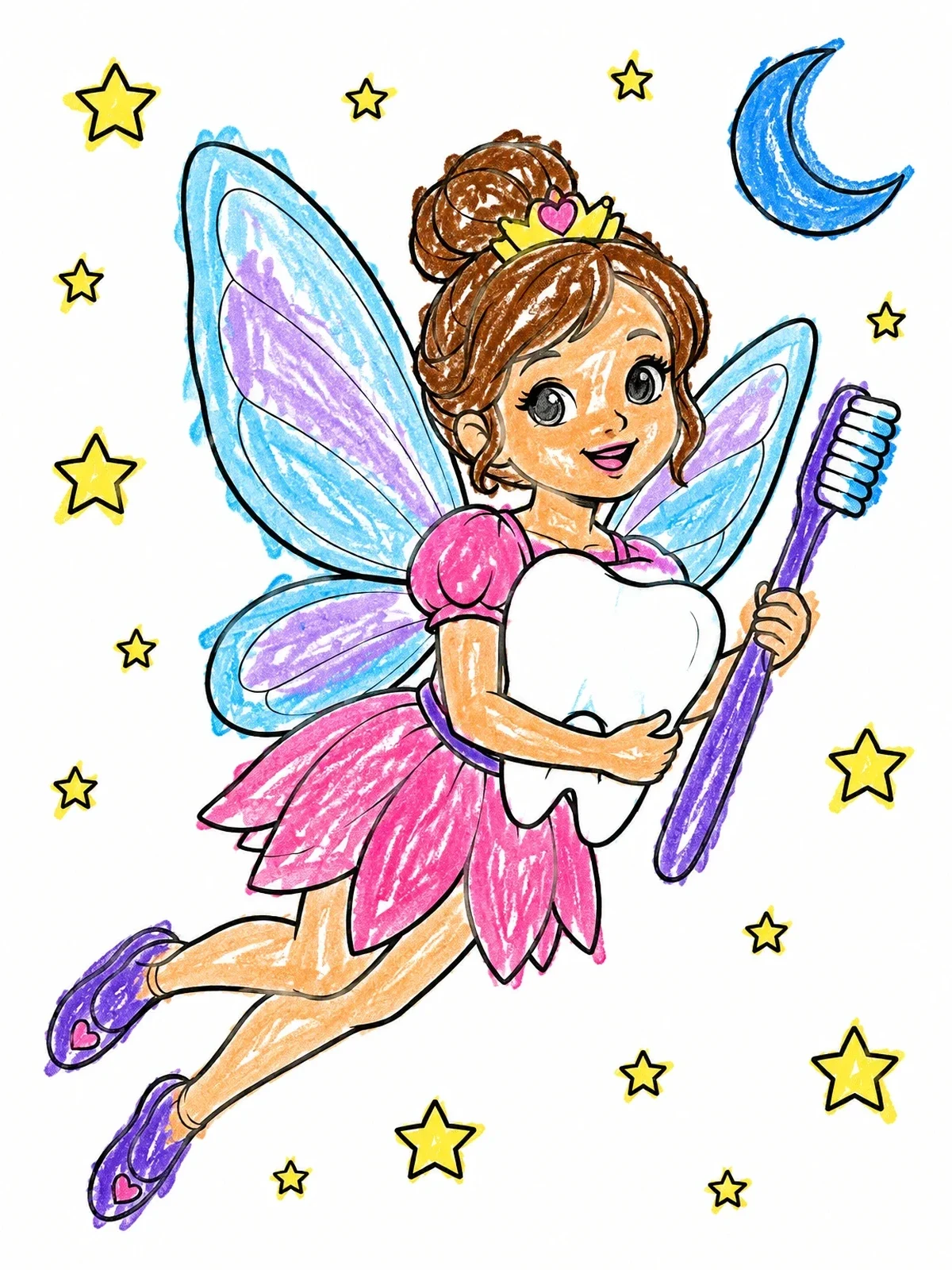 Colored example of the Cute Tooth Fairy In The Night Sky coloring page
