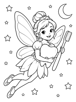 A sweet tooth fairy coloring page showing a winged fairy holding a giant tooth and toothbrush among stars.