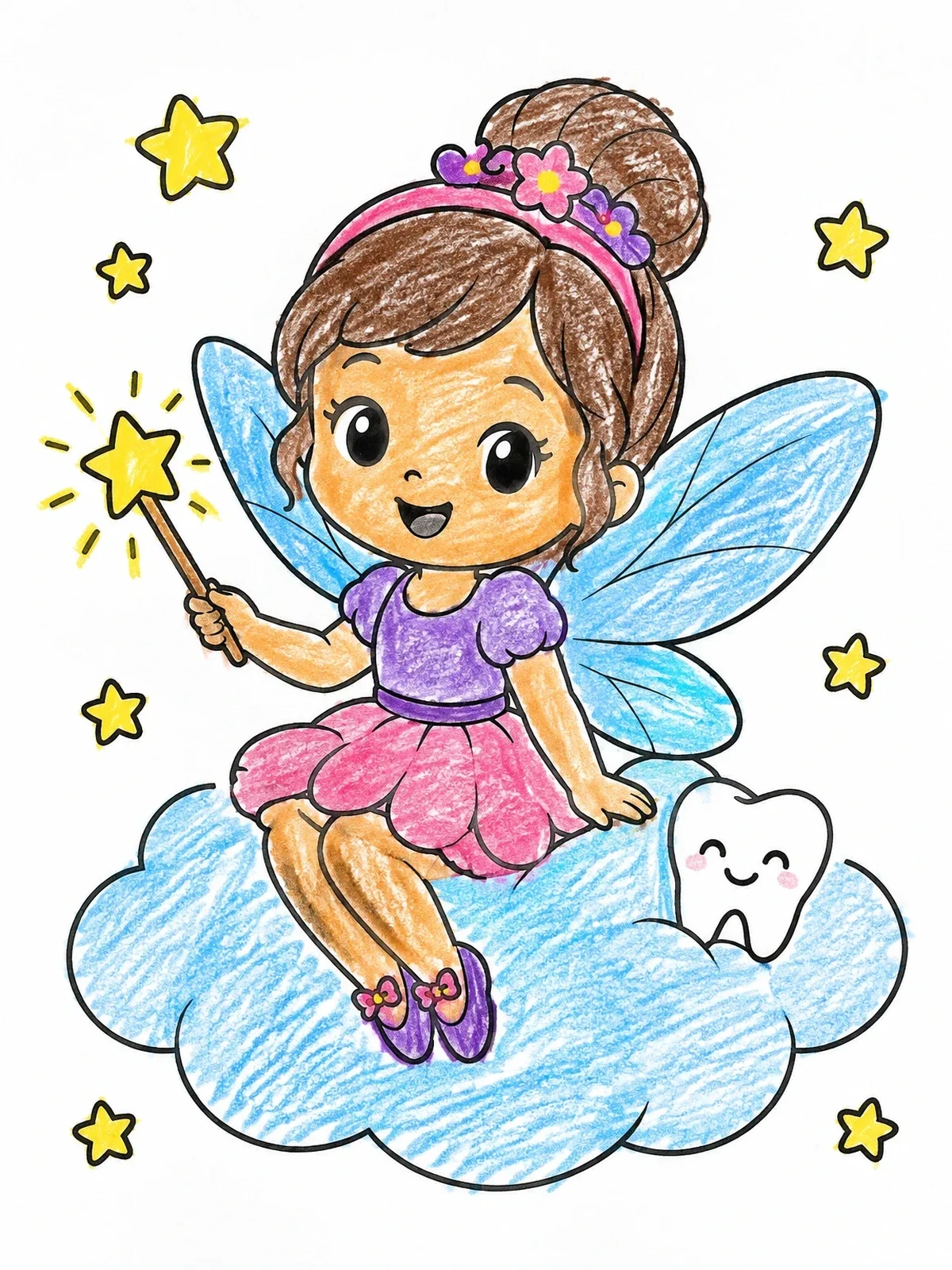 Colored example of the Cute Tooth Fairy On A Cloud coloring page