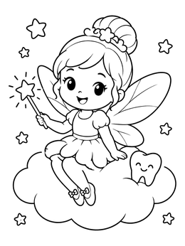 A cute tooth fairy coloring page with a smiling tooth and stars on a fluffy cloud.