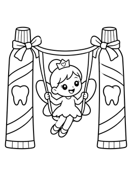 A cute tooth fairy coloring page showing a little fairy swinging between two large toothpaste tubes.
