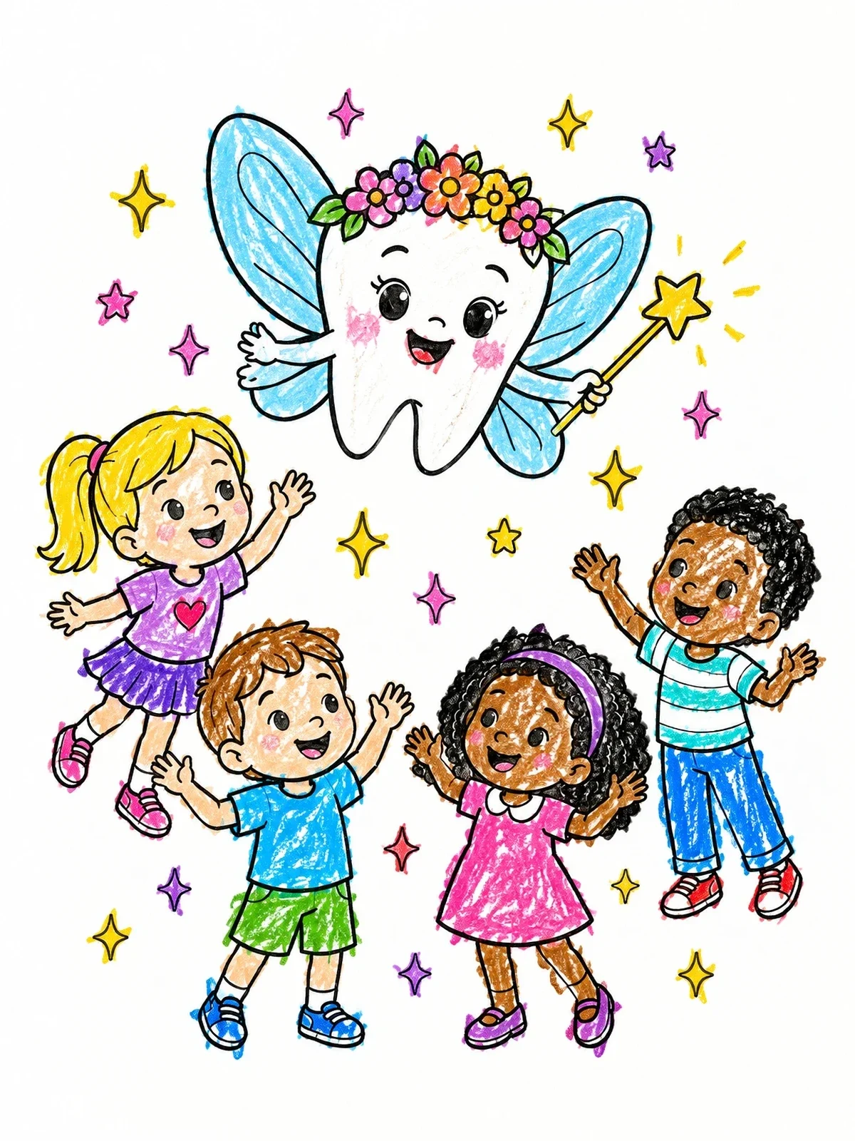 Colored example of the Tooth Fairy Visiting Cheerful Children coloring page