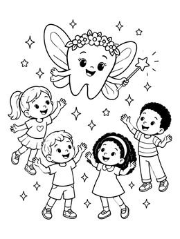 Children celebrating together in a cute tooth fairy coloring page.