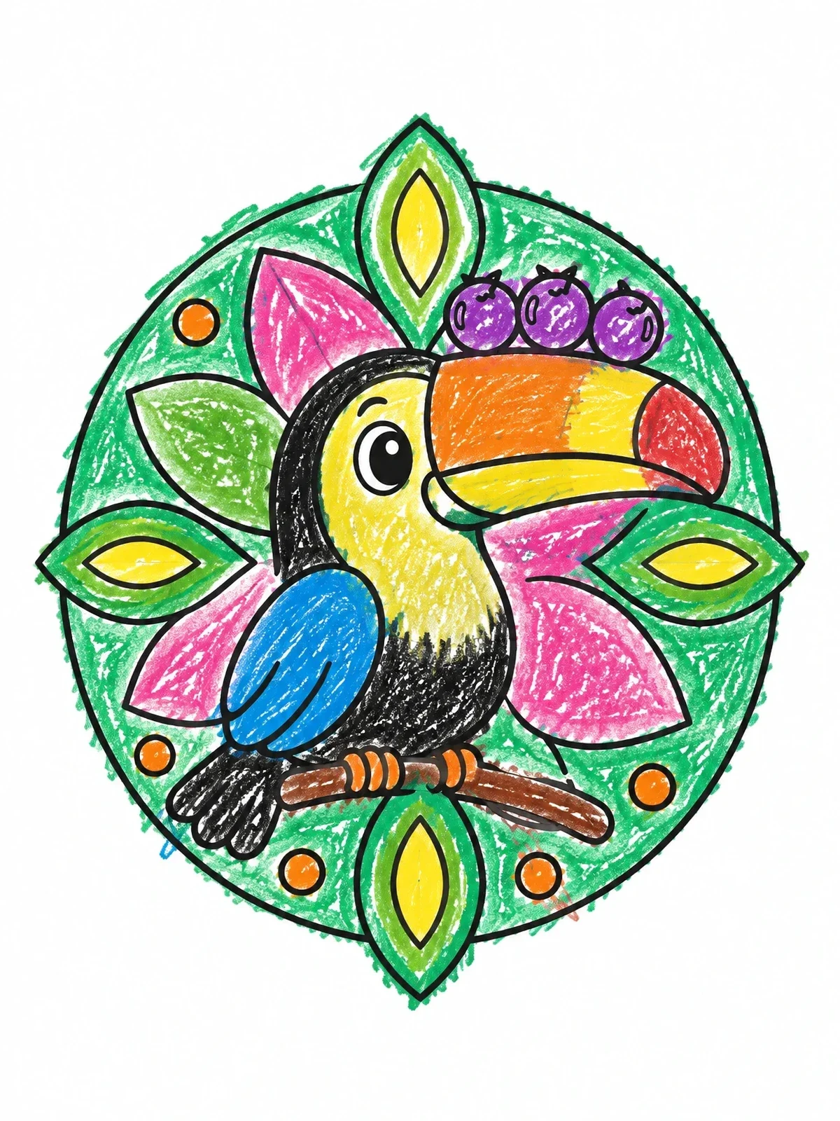 Colored example of the Cute Toucan Balancing Berries coloring page
