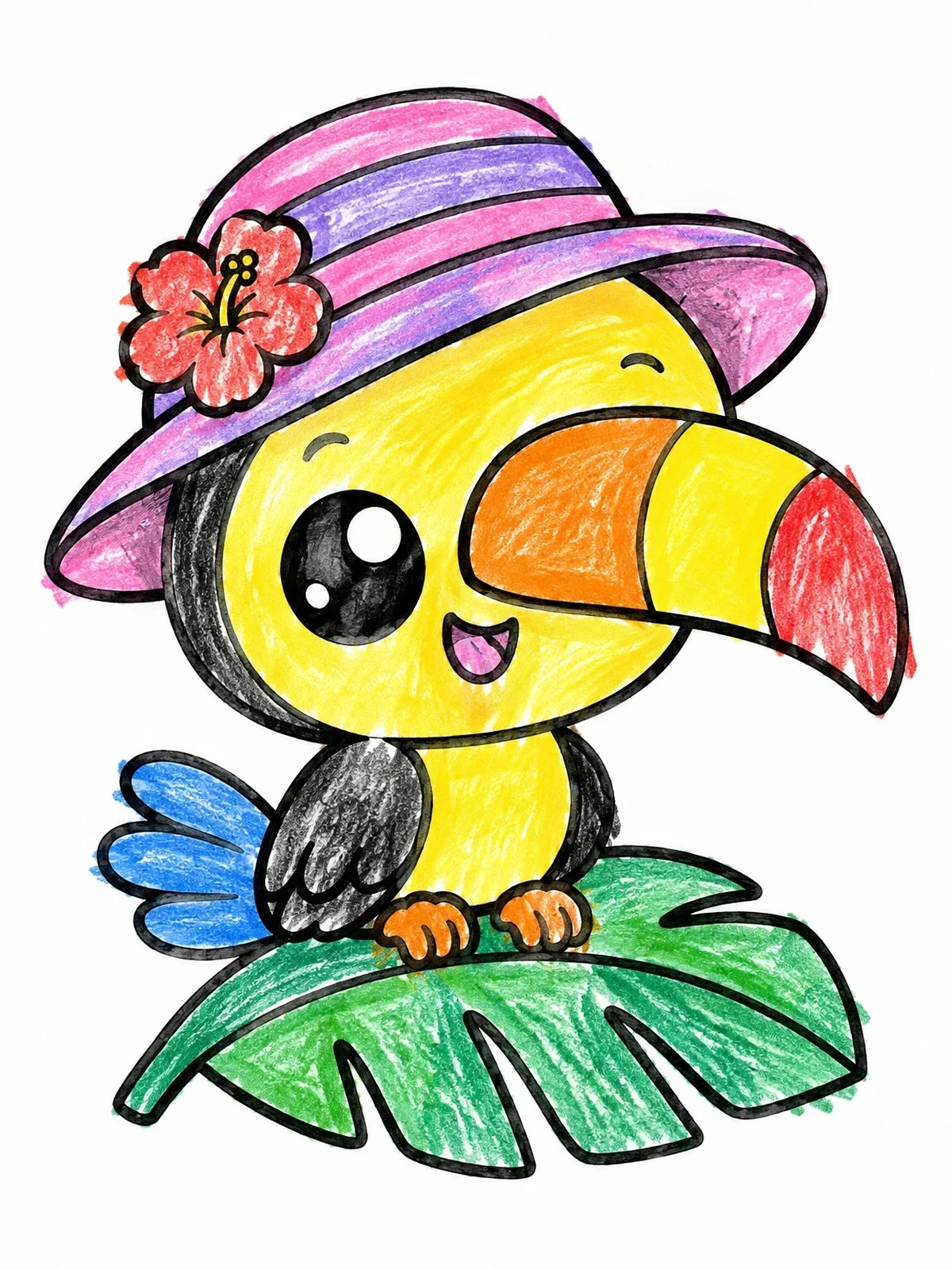 Colored example of the Cute Toucan With Sun Hat coloring page