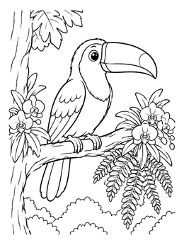 Free printable Cute Toucan On Tropical Branch coloring page