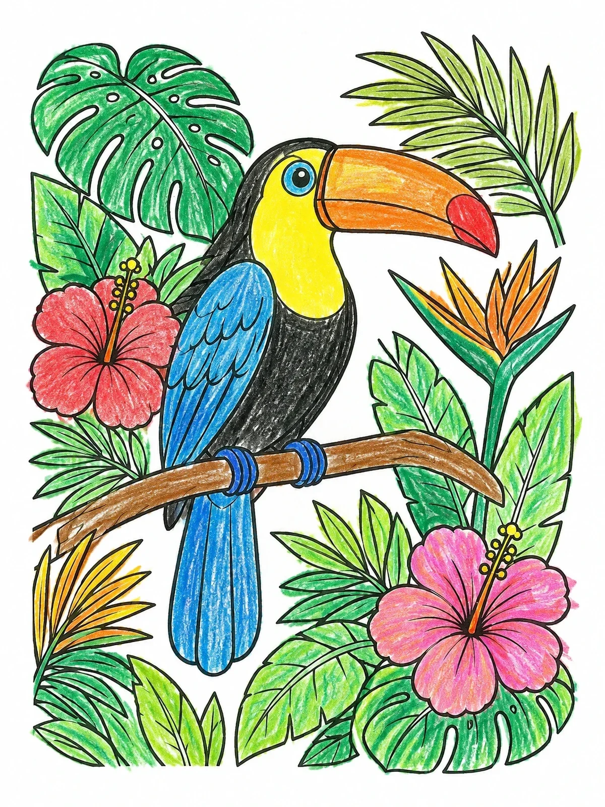 Colored example of the Cute Toucan In Tropical Jungle coloring page