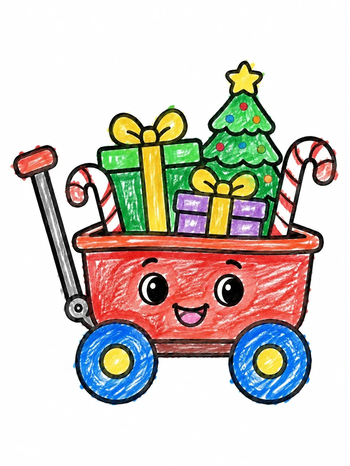 Colored example of the Cute Toy Wagon With Christmas Gifts coloring page