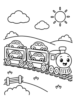 A cheerful cartoon train coloring page carrying four small cars along a sunny hillside track.