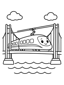 A friendly high-speed train coloring page crossing over a bridge above the water.
