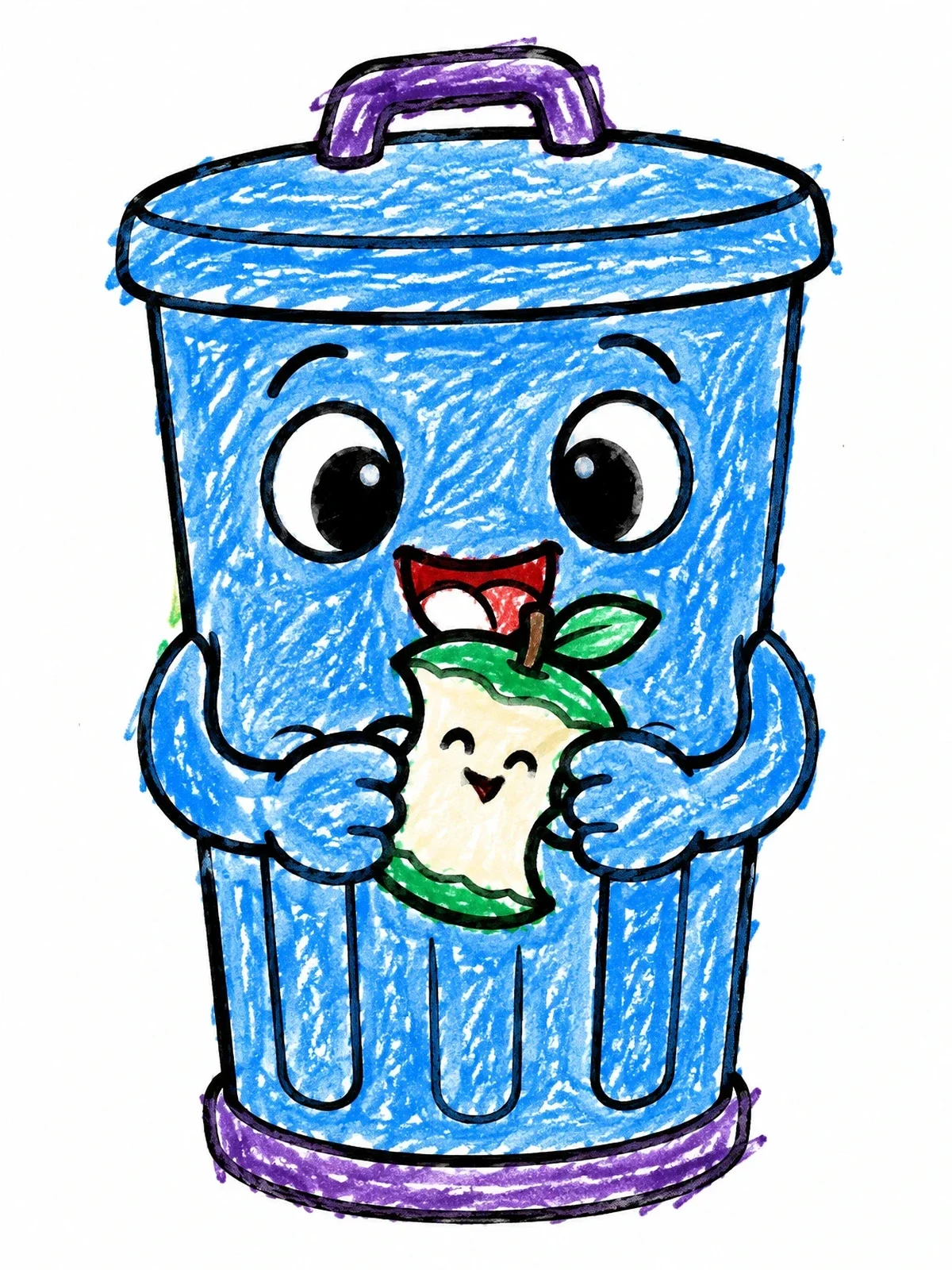 Colored example of the Happy Trash Can Eating Apple Core coloring page