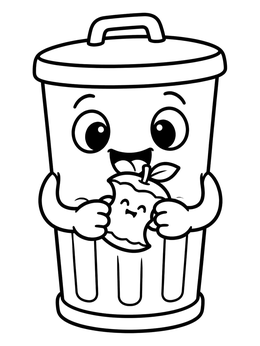 Free printable Happy Trash Can Eating Apple Core coloring page