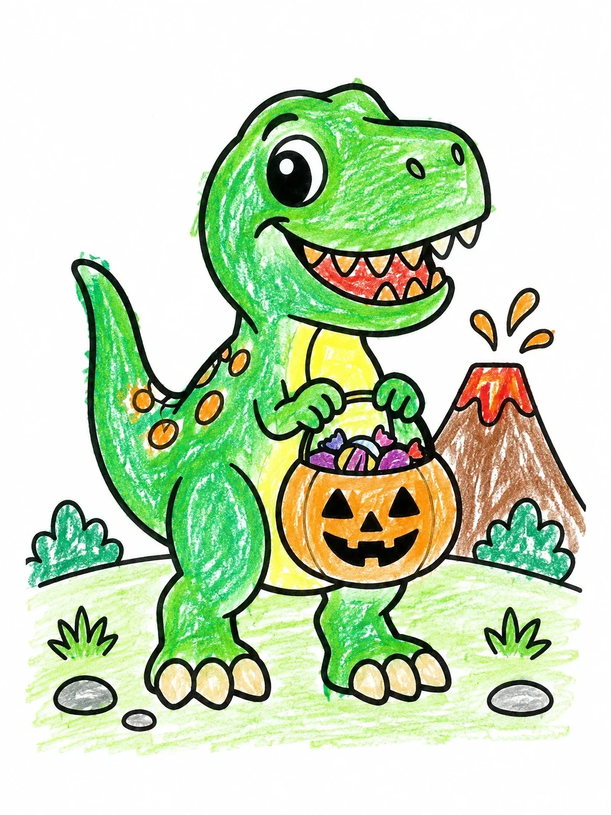 Colored example of the Cute T Rex With Halloween Pumpkin Bucket coloring page