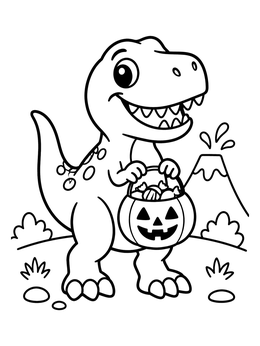 Free printable Cute T Rex With Halloween Pumpkin Bucket coloring page
