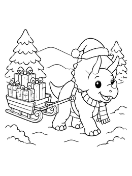 Free printable Cute Triceratops Pulling Christmas Gift Sled coloring page