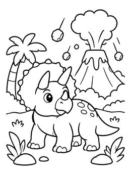 A cute triceratops walks in front of an erupting mountain in this volcano coloring page.