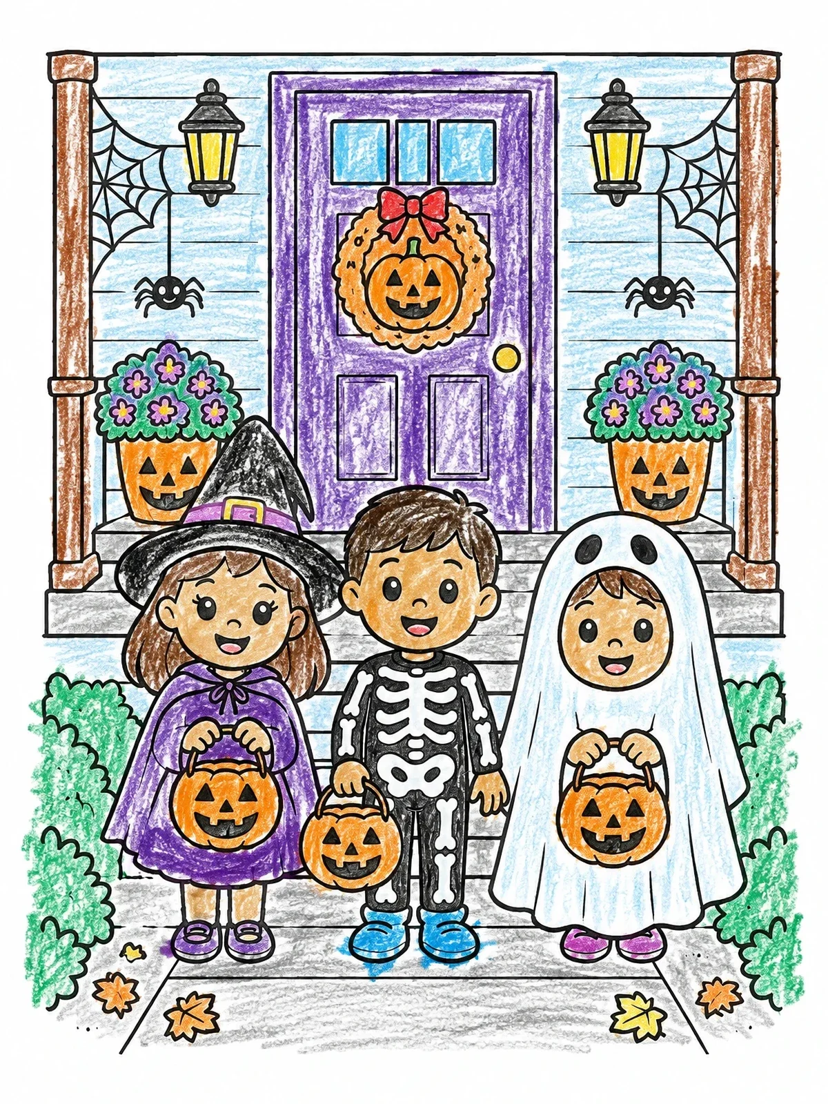 Colored example of the Trick Or Treaters At The Decorated Door coloring page