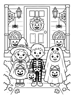 Free printable Trick Or Treaters At The Decorated Door coloring page
