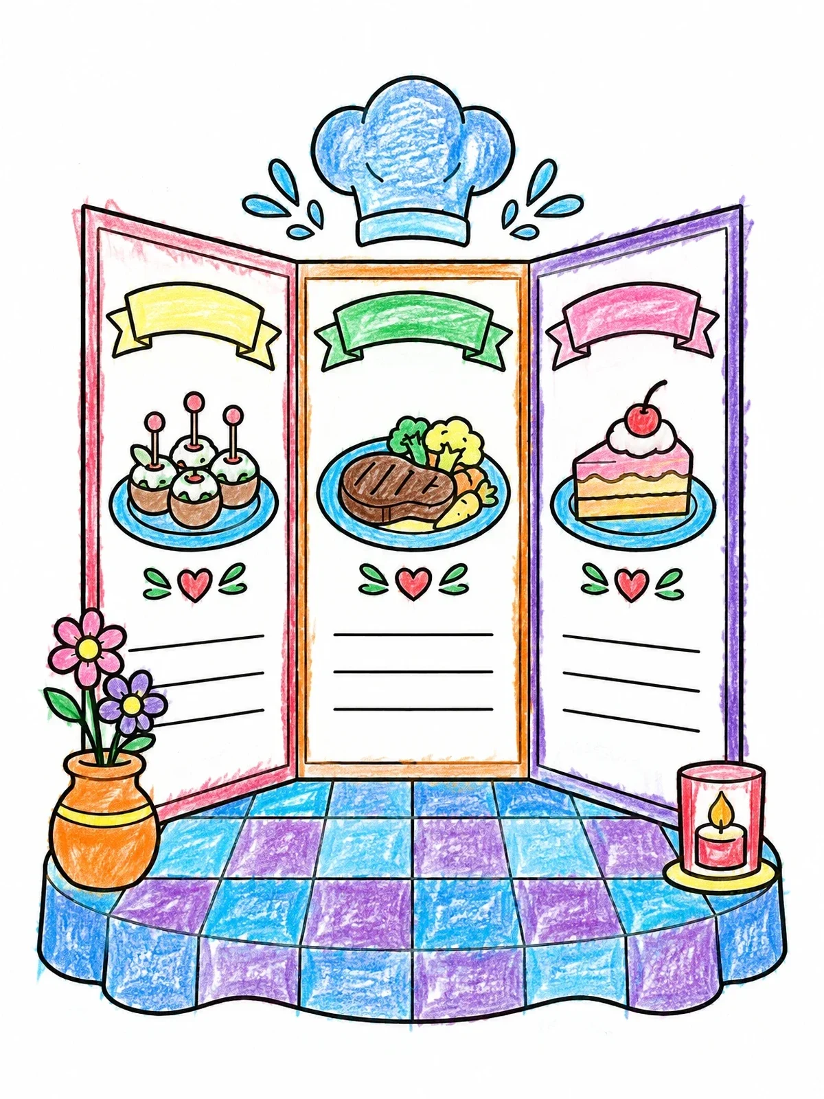 Colored example of the Cute Trifold Restaurant Menu coloring page