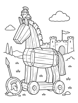 Free printable Cute Trojan Horse And Sleeping Owl coloring page